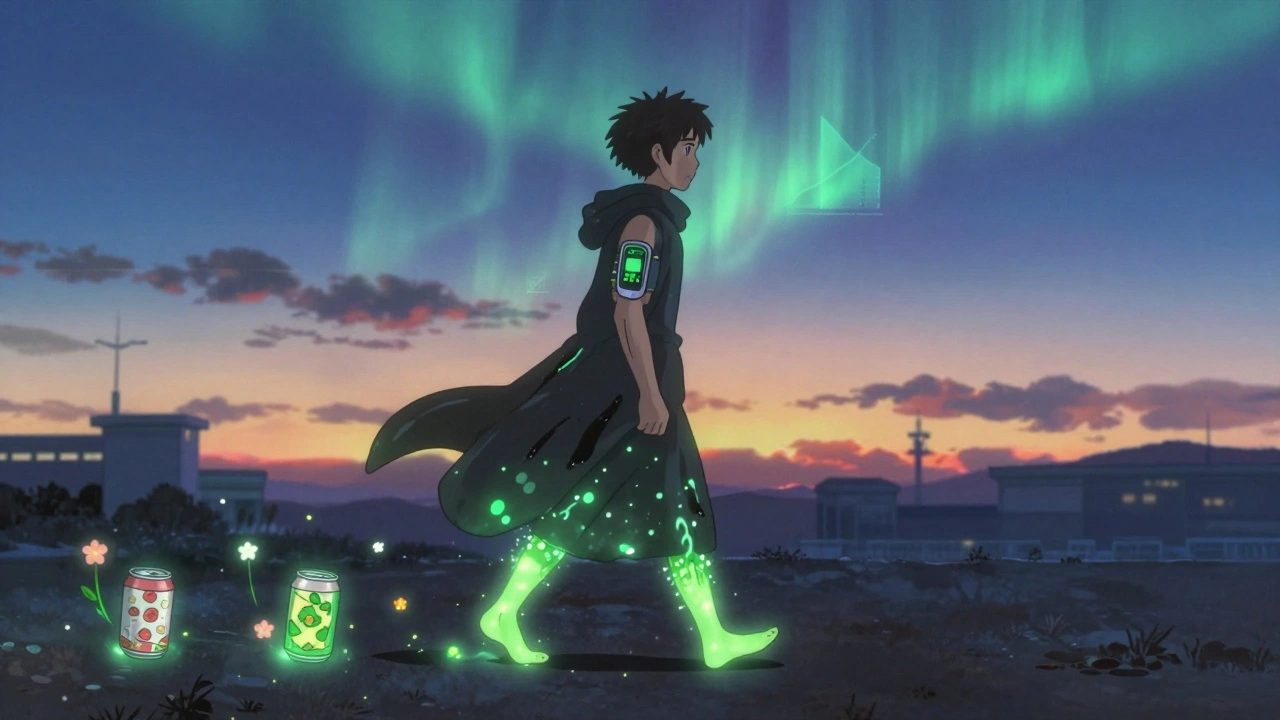 A person walking at dusk, each step turning junk food into green energy, shedding insulin resistance as a CGM projects glowing glucose graphs above.