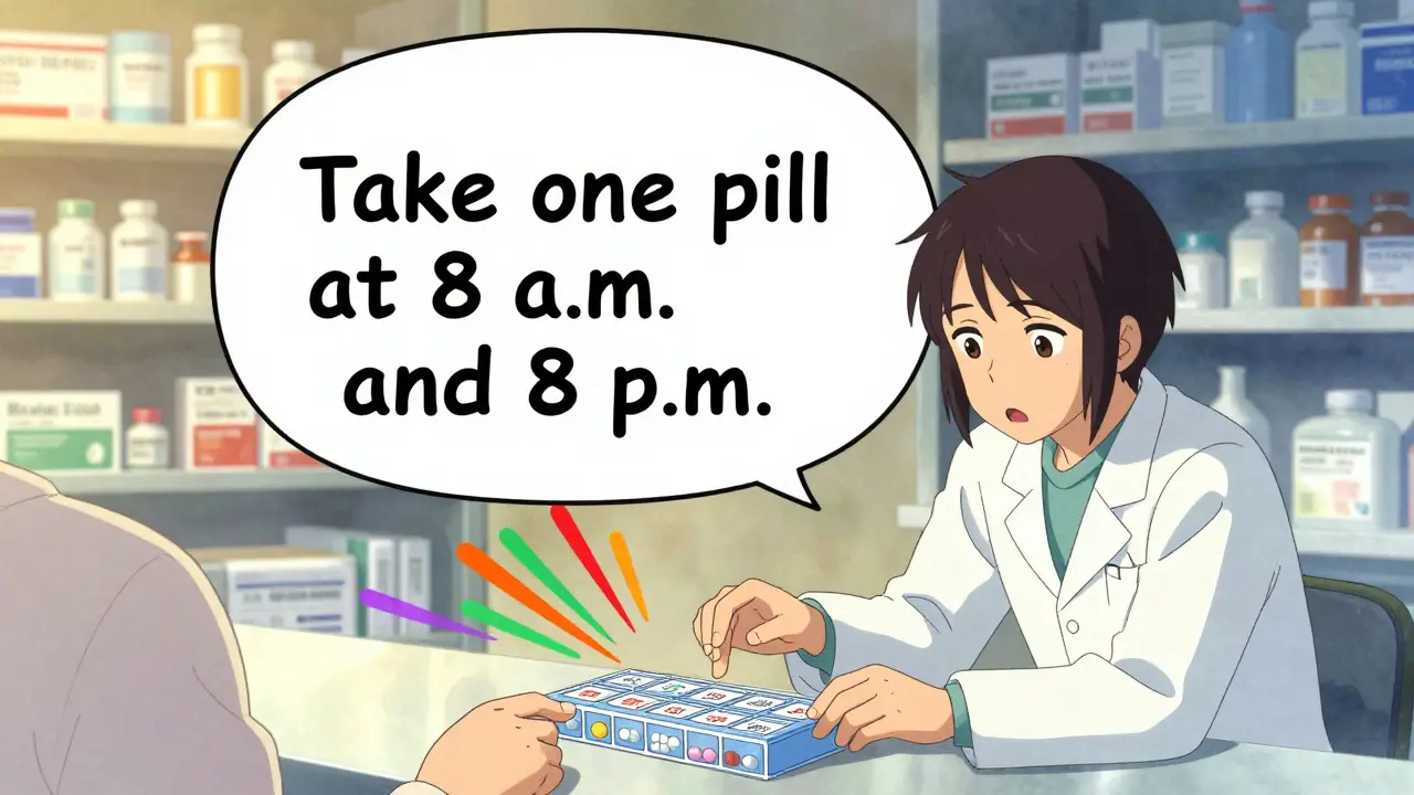 A pharmacist explains medication timing clearly to a patient using a giant speech bubble and pill organizer.