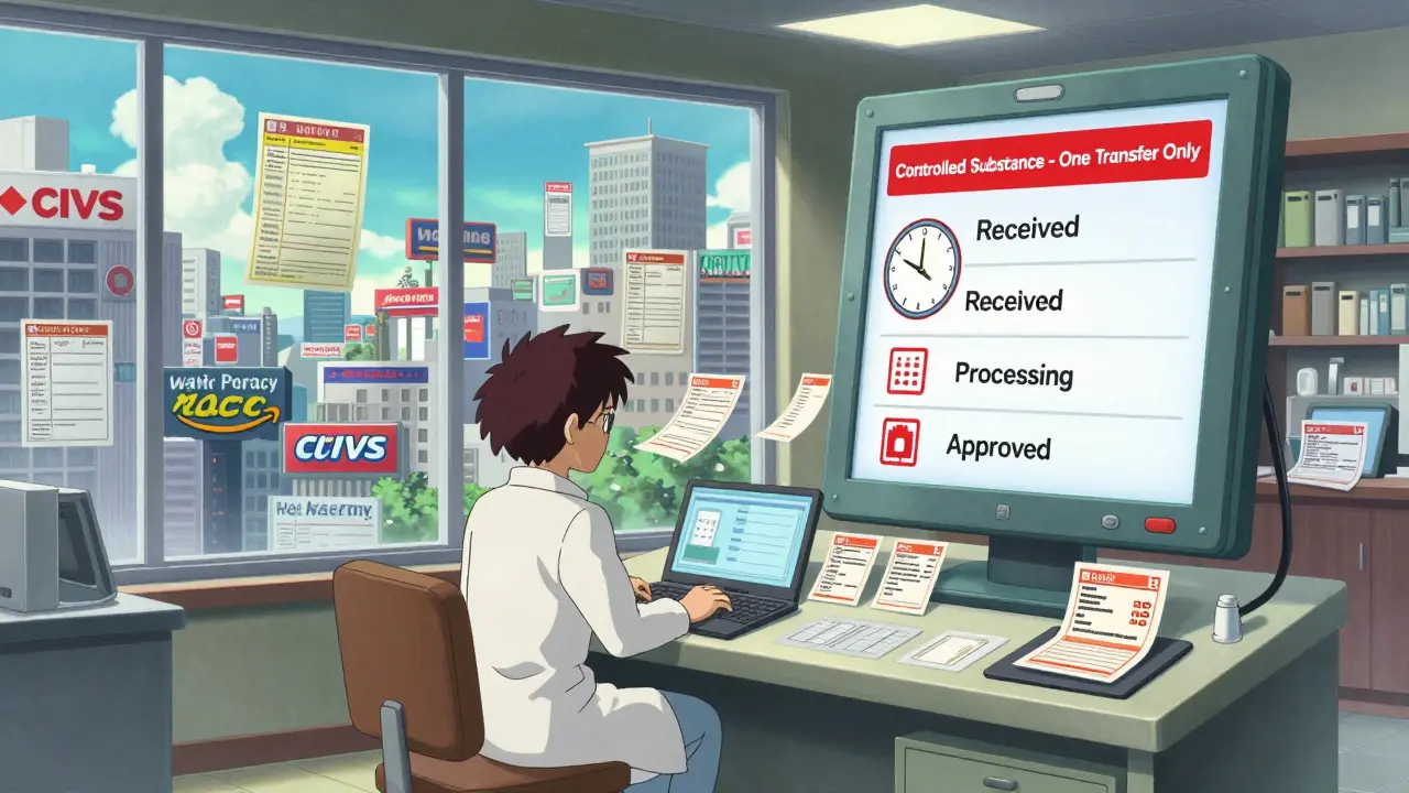 A pharmacist managing animated prescription transfers on a glowing control panel with real-time status updates.