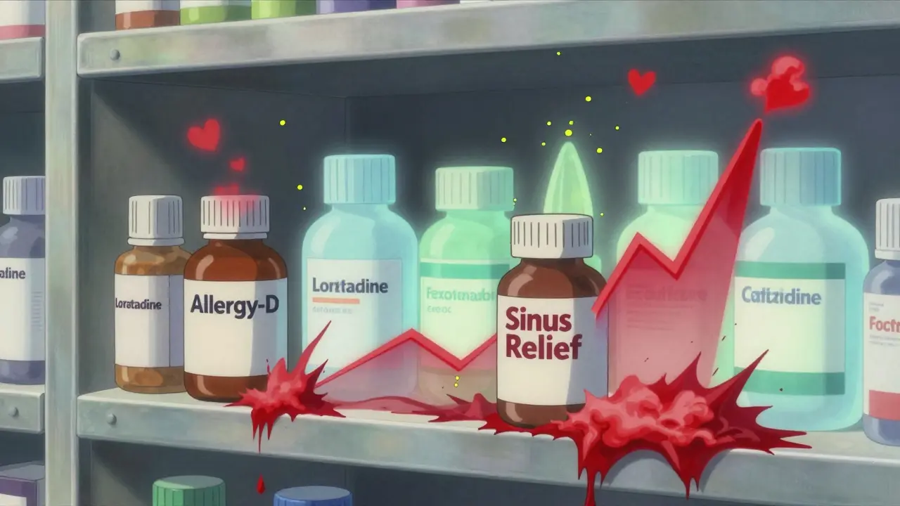 A pharmacy shelf exploding with dangerous decongestant meds as safe antihistamines glow peacefully, pollen turning into heart shapes.