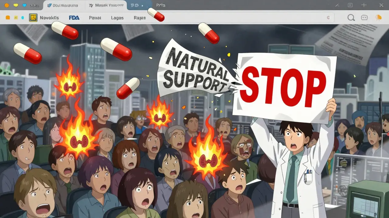 A surreal forum landscape where ashwagandha capsules explode into burning thyroid glands, with a doctor holding a 'STOP' sign being consumed by text.
