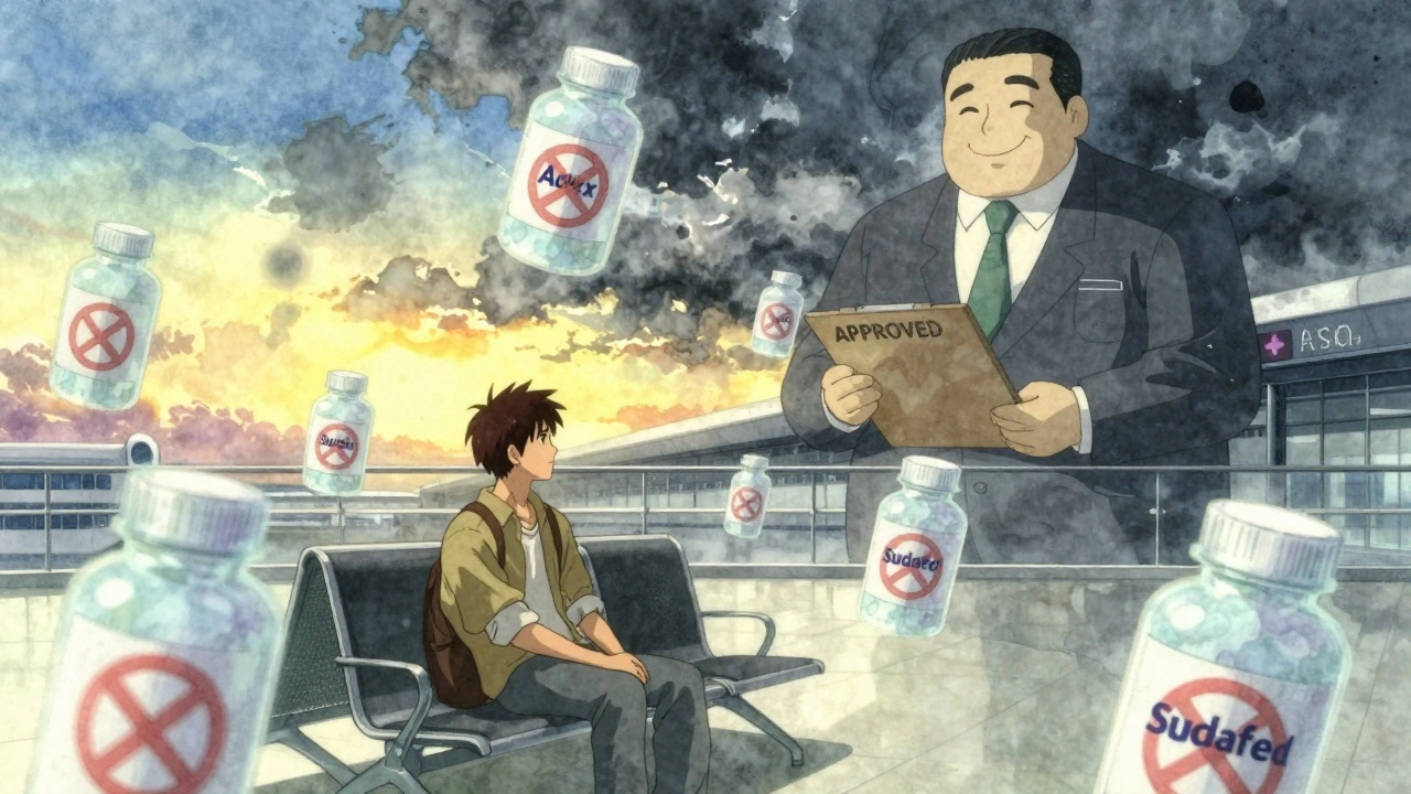A traveler surrounded by ghostly banned pill bottles, one distant official holds an approval clipboard.