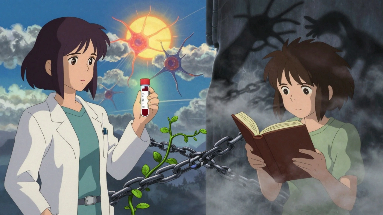 A woman holding a blood test vial connected to her younger self by a bridge of iron and folate vines.