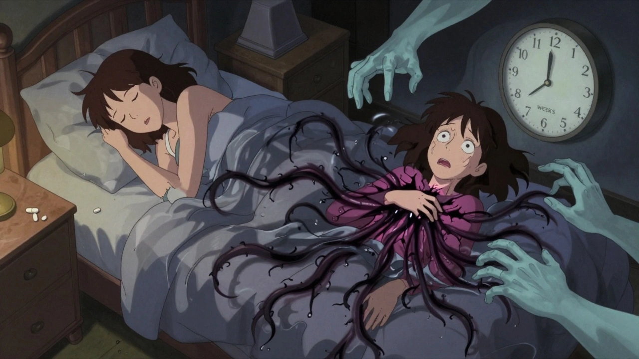 A woman trembling at night as anxiety tendrils erupt from her chest, with a clock marking 4 weeks.