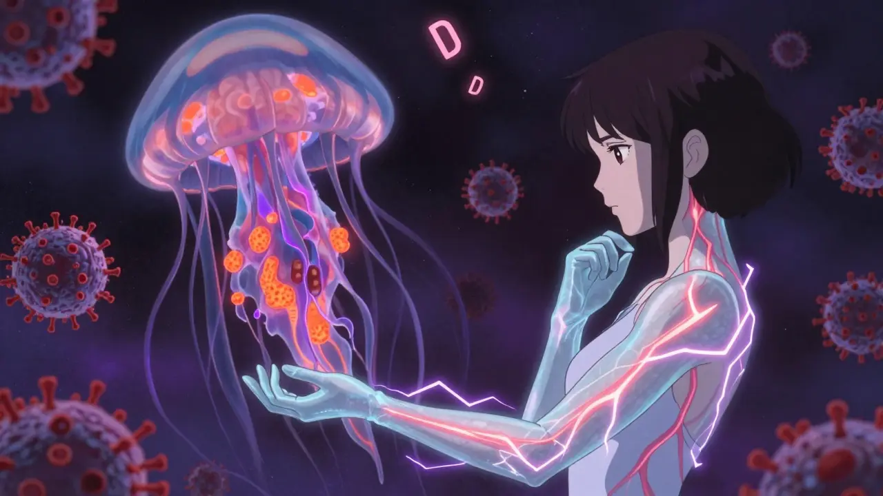 A woman with ghostly numbness and a giant Epstein-Barr virus looming behind her in vibrant colors.