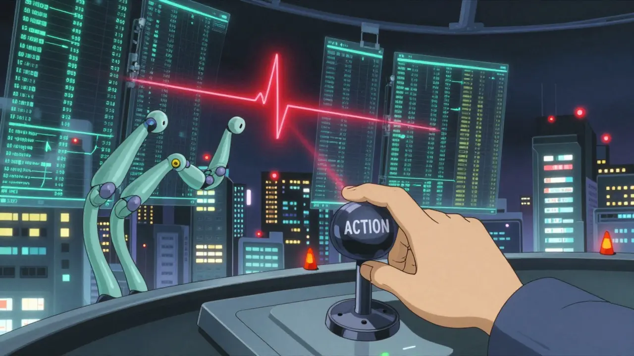 AI algorithms analyzing health data streams in a futuristic control room, with one pulsing red signal triggering warnings.