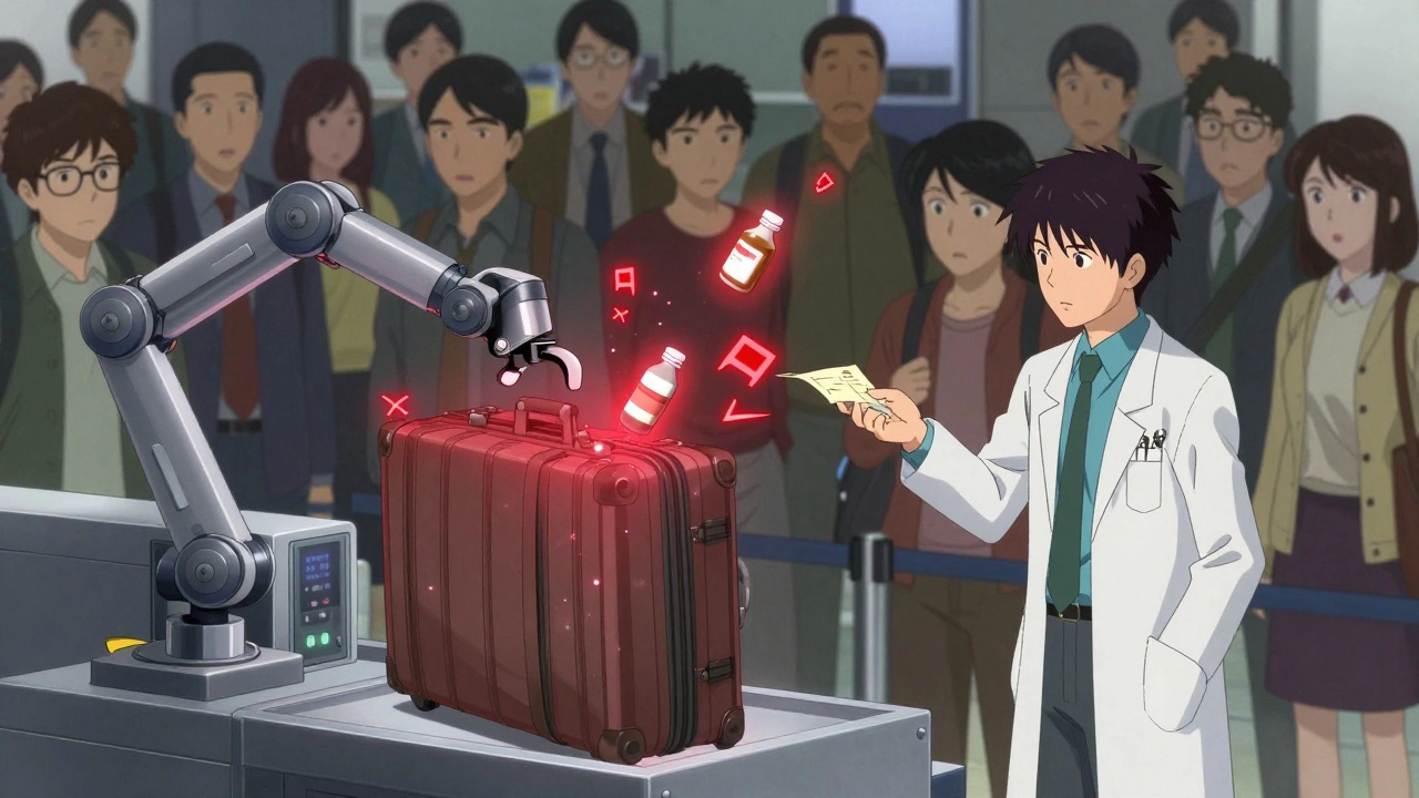 An airport security scan reveals banned medications floating in mid-air with warning symbols.