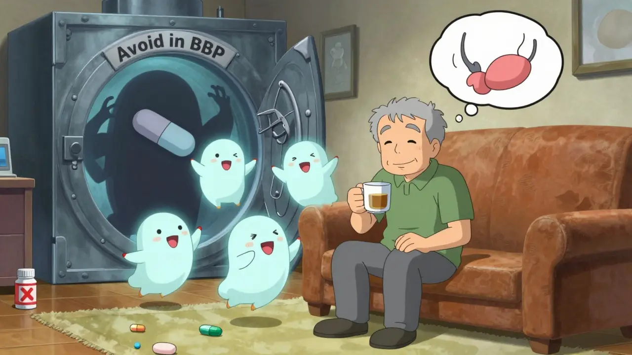 An older man at home surrounded by friendly safe pills, while dangerous ones are locked away in a medical vault.