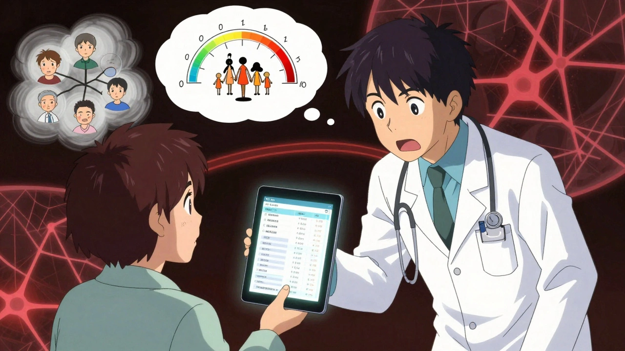 Doctor and patient discussing health with glowing data and genetic family tree visuals.