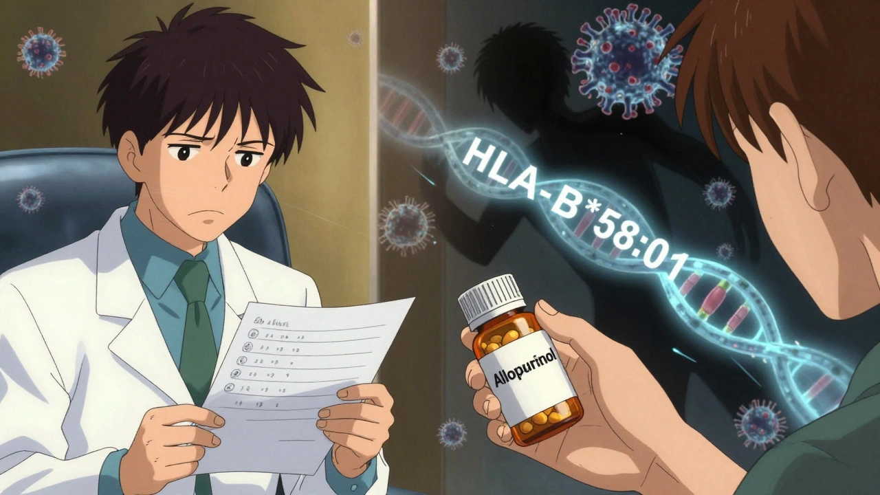 Doctor reviewing blood test while patient holds allopurinol bottle with glowing gene strand