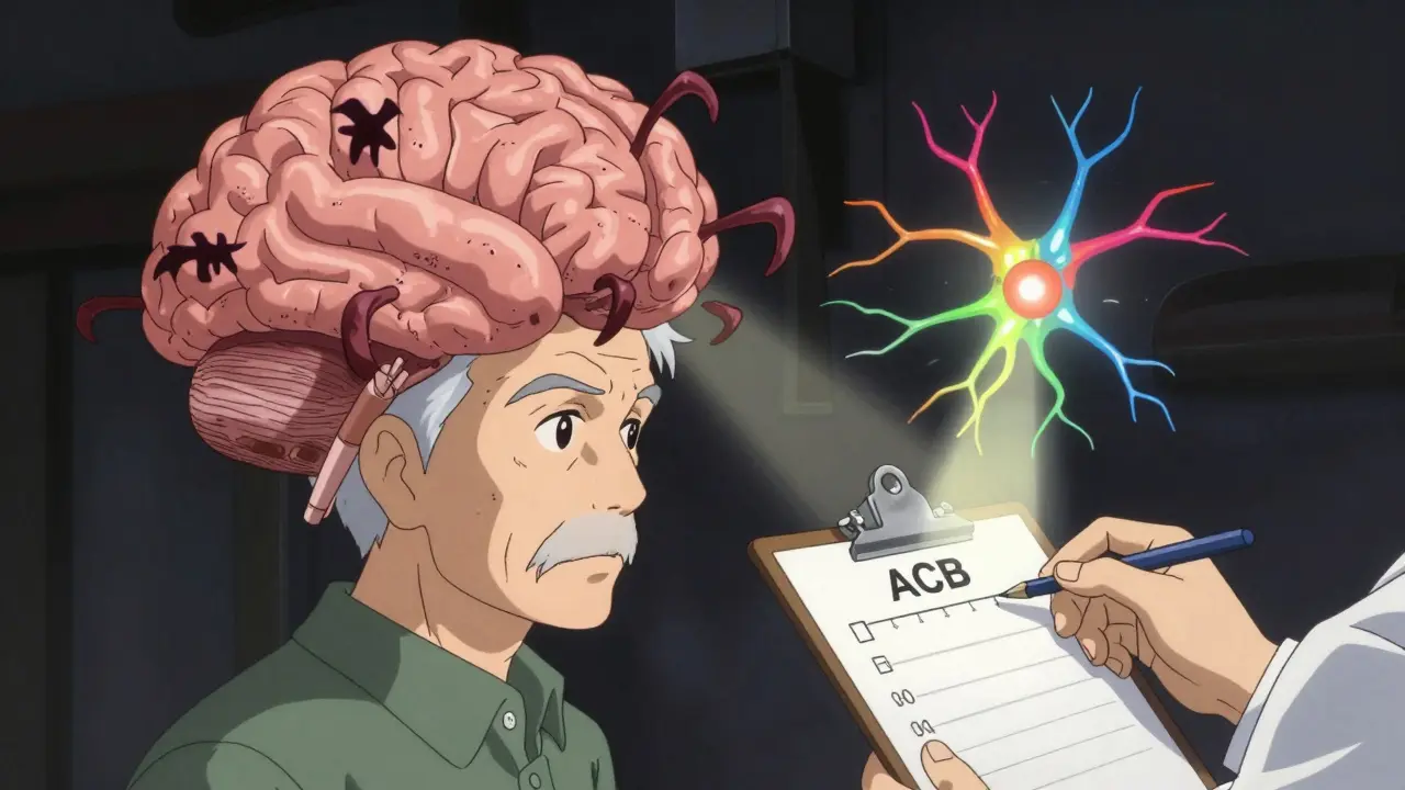 Elderly man's brain with dark symbols draining cognition, light restoring neural activity.