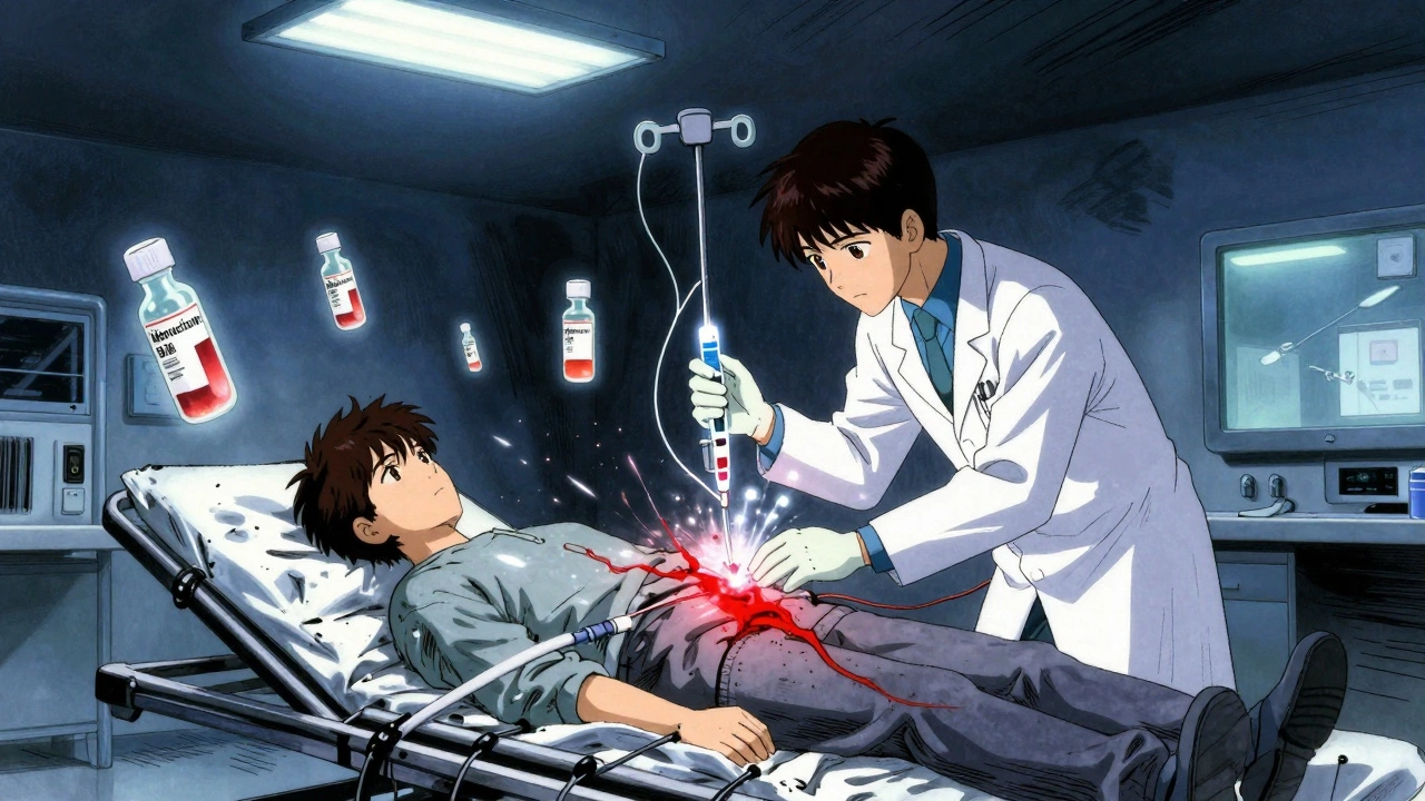 Emergency room with patient bleeding from head as doctor administers glowing antidote IV.