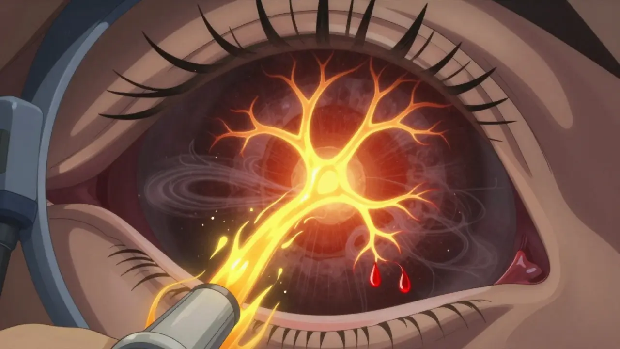 Fluorescein dye flowing through retinal vessels, leaking crimson droplets in a dark eye.