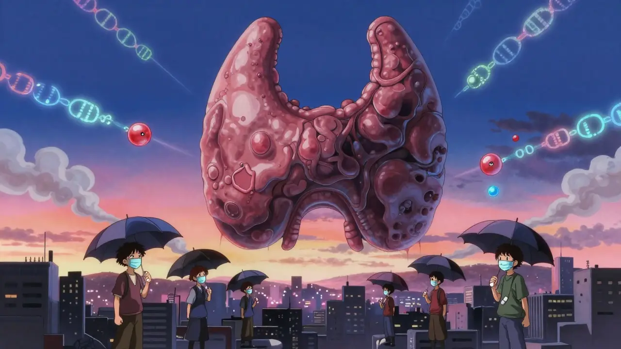 Giant thyroid gland floats over a city as people take iodine masks and thyroid medication.