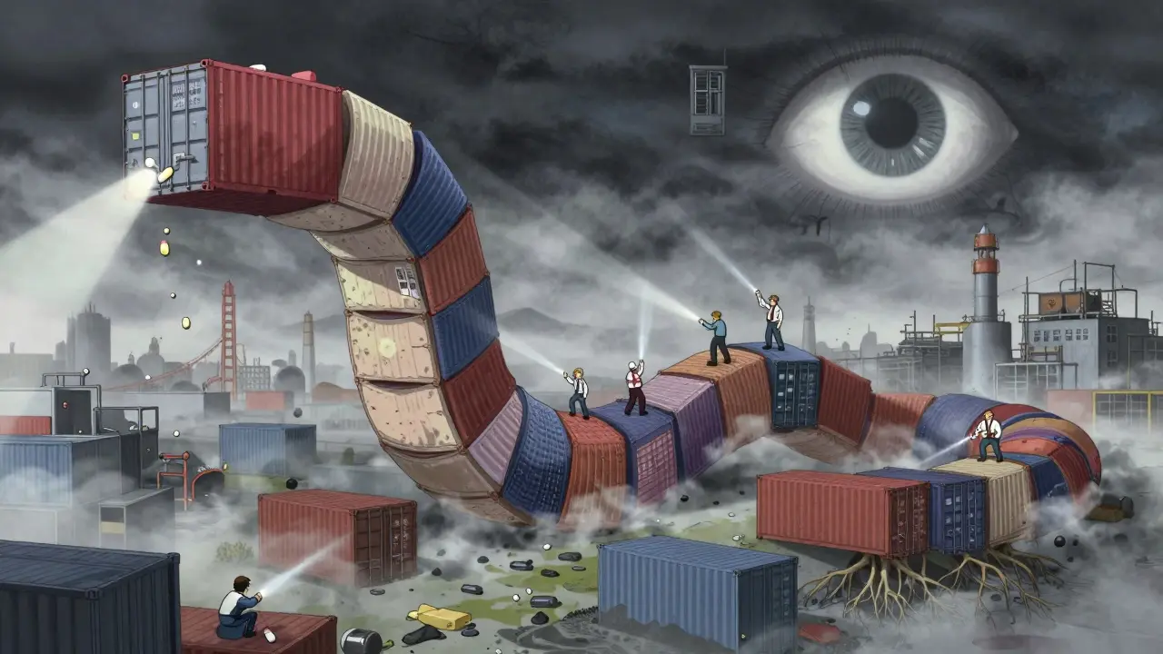 Global drug supply chain as a monstrous worm feeding the U.S. from overseas.