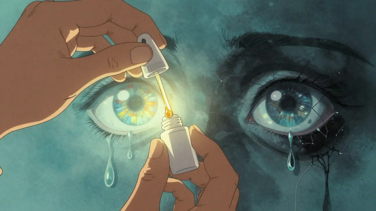 Hands applying eye drops as a glowing healthy eye reforms behind them, contrasted with a damaged version.