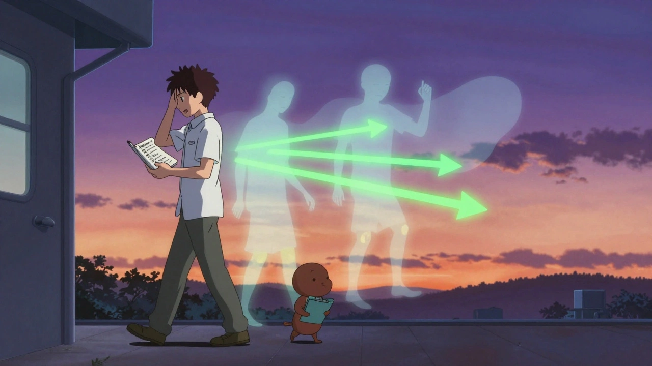 Patient walking away from clinic as past symptoms fade, replaced by healthy lifestyle arrows.