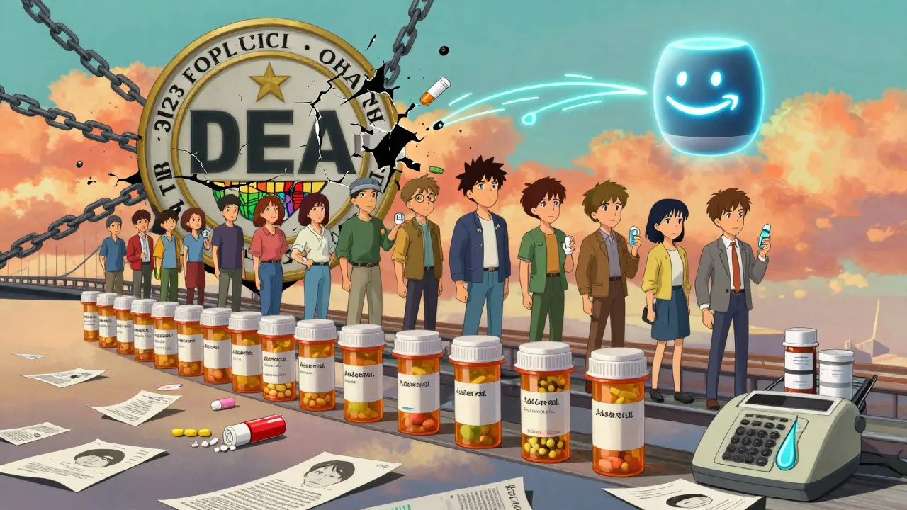 People on a bridge of pill bottles as DEA restrictions break apart, with Alexa initiating a voice transfer in vibrant anime style.