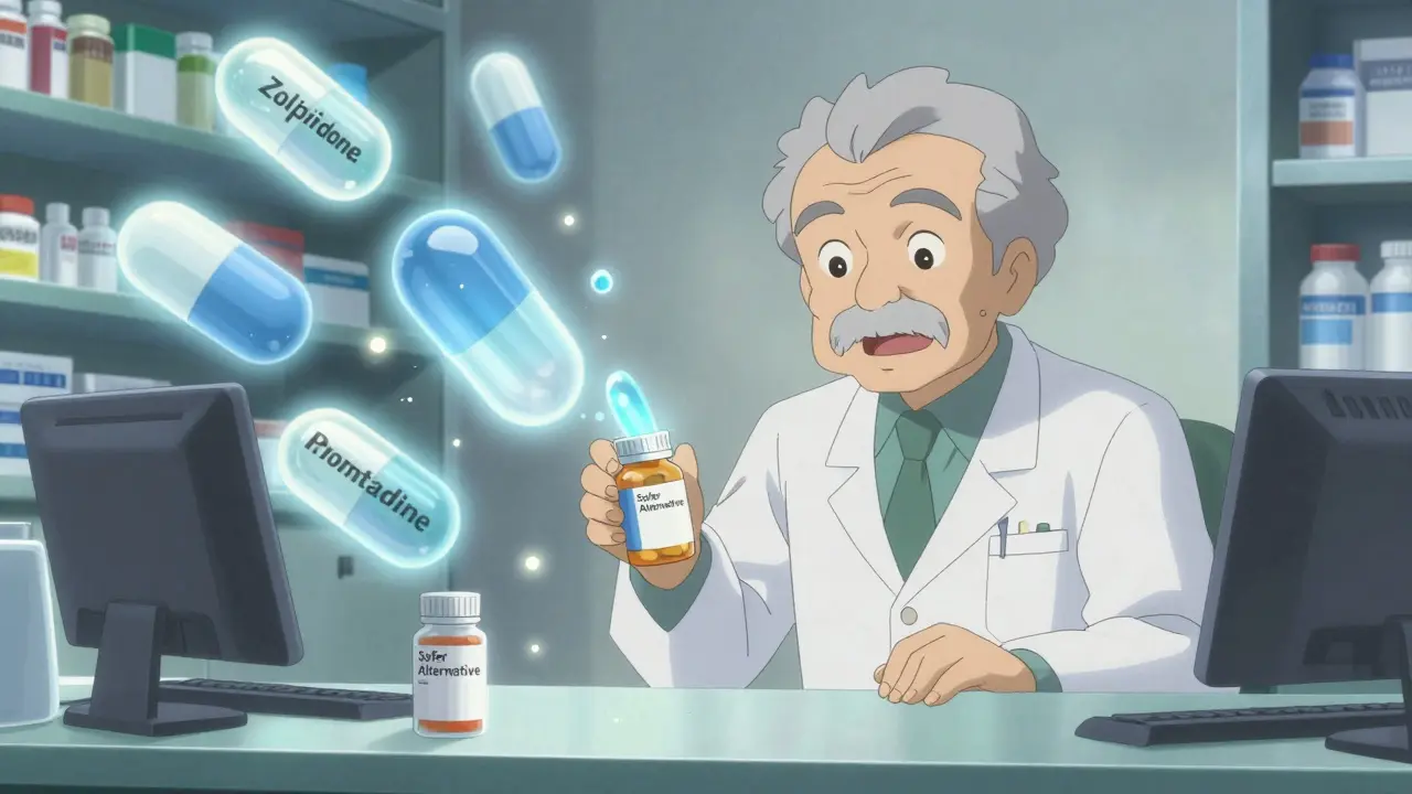Pharmacist giving a senior a safe alternative pill while risky medications crumble into dust.