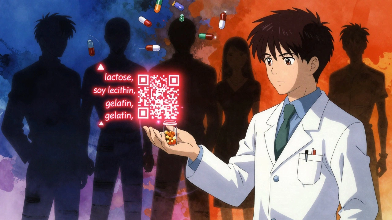 Pharmacist giving pill bottle with glowing QR code revealing dangerous inactive ingredients.