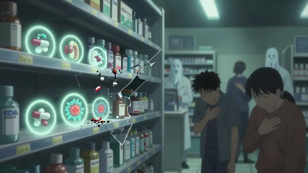 Pharmacy shelf with glowing dangerous pills and patients in distress.