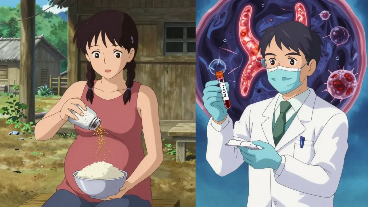 Pregnant woman adding iodized salt to food, contrasted with a doctor holding a thyroid blood test.