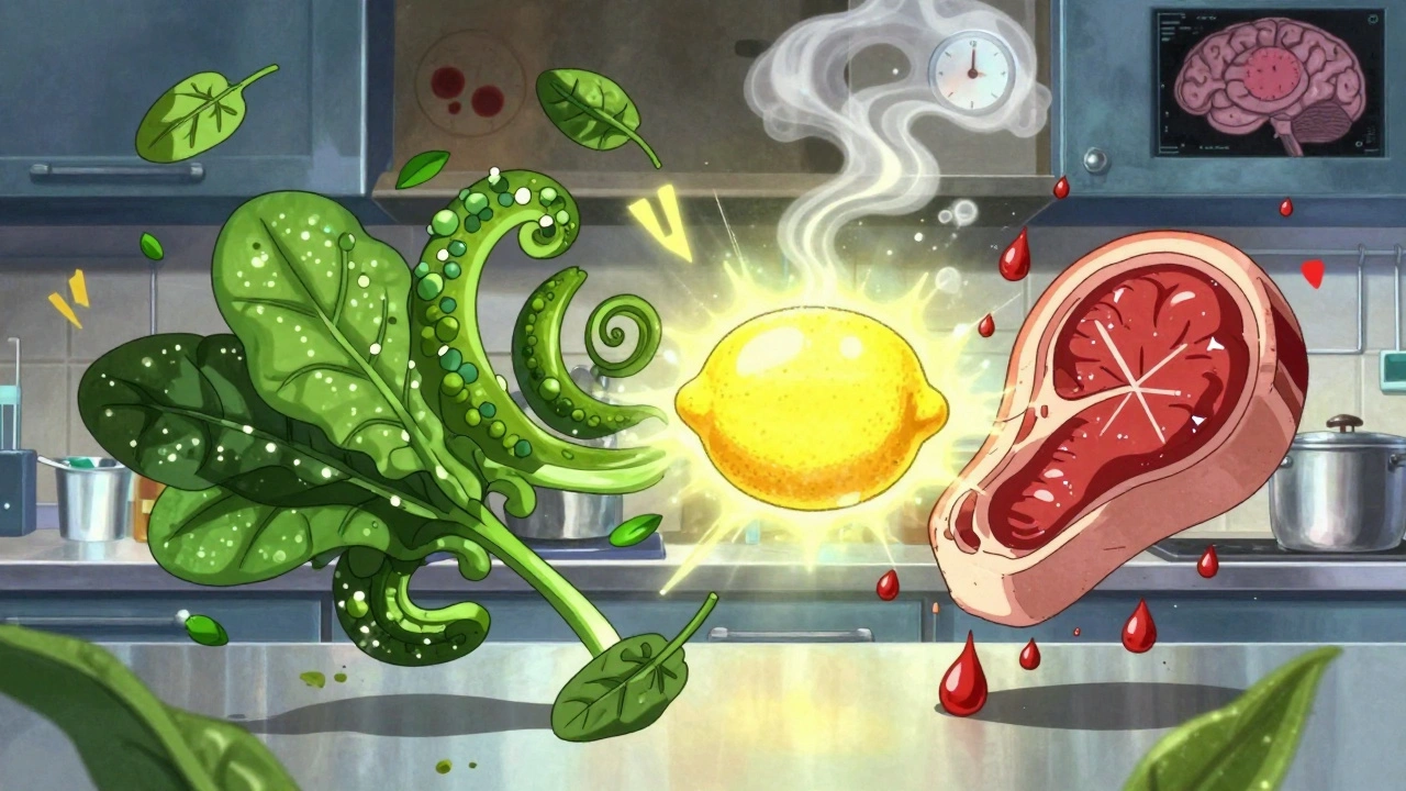 Spinach and steak transforming into nutrient streams with a lemon catalyst in a dreamlike kitchen scene.