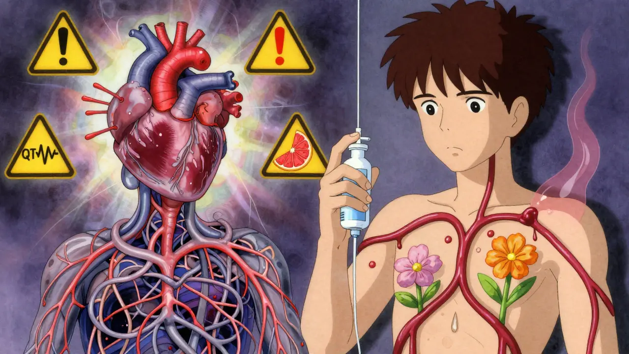 Split mental landscape: one side shows stress and heart risks, the other shows calm, healthy blood flow with blooming flowers.