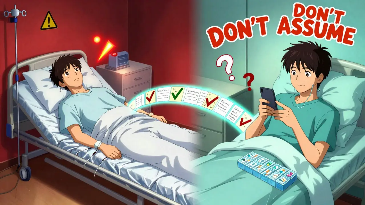 Split scene: a man in hospital on one side, safely taking meds at home on the other, connected by notes turning into checkmarks.