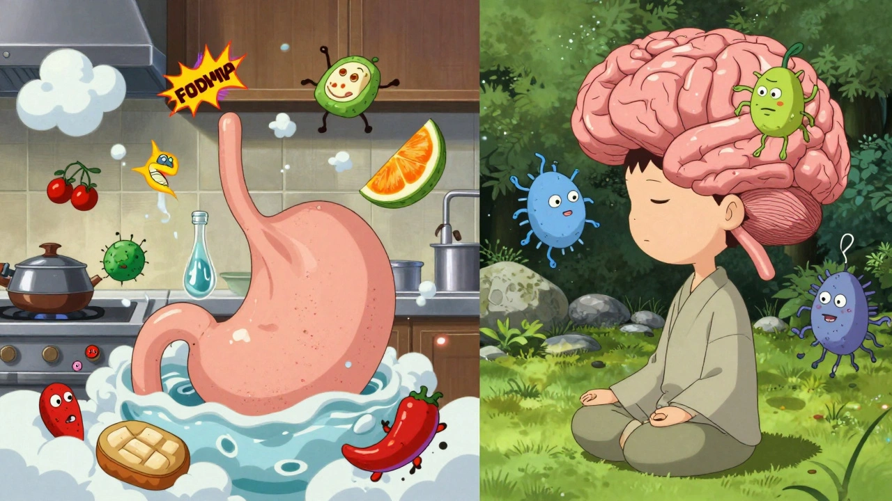 Split scene of a chaotic gut kitchen and a calm brain garden, with cartoon microbes whispering, illustrating how food and stress affect IBS.