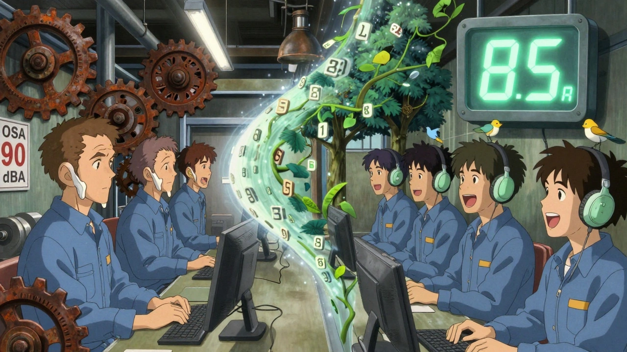 Split scene: workers with melting ears vs. healed workers in quiet zone with growing plants.