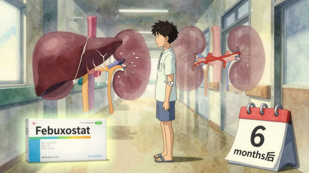 Survivor with medical bracelet, fading organ ghosts behind them, new prescription in hand