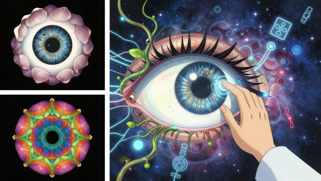 Three eye imaging techniques merging into a living eye with glowing data vines and cosmic backdrop.