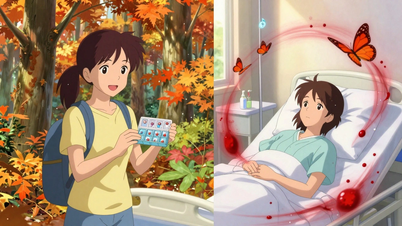 Woman hiking peacefully on one side, same woman in hospital with blood turning to butterflies on the other.