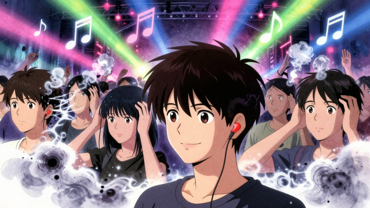 Young concertgoer with earplugs calm amid chaotic sound waves, others in distress.