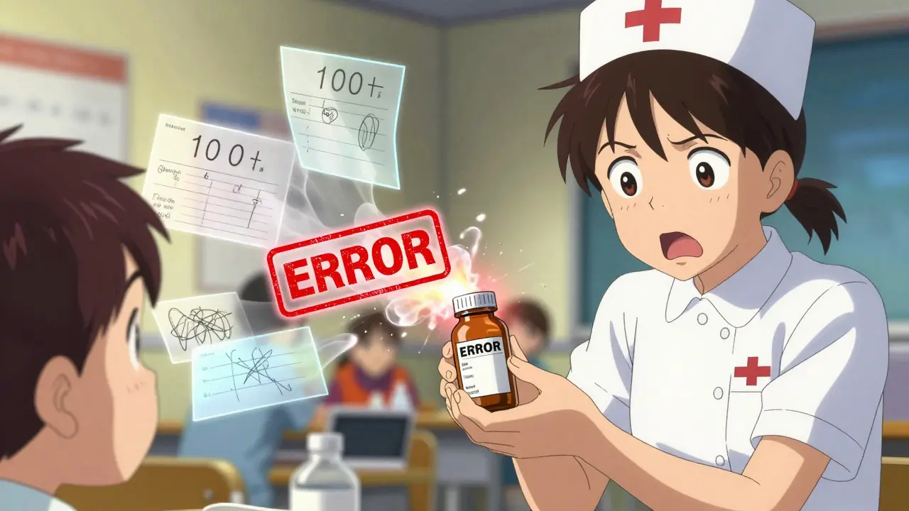 A child gives a medication bottle to a nurse, with floating dosage numbers and a glowing error stamp in chaotic school setting.