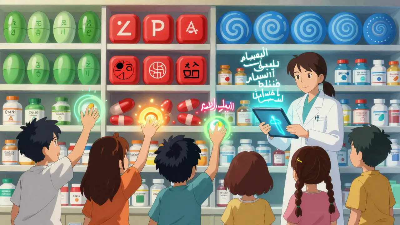 A colorful pharmacy shelf with culturally diverse pills and multilingual labels, as patients and a pharmacist connect through adaptive healthcare.