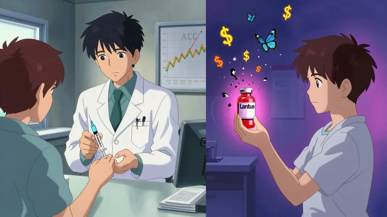 A doctor guides a patient toward a blue biosimilar insulin syringe while a red branded vial crumbles into ash in a dreamlike split scene.