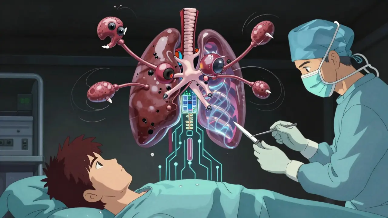 A glowing thymus gland attacking neuromuscular junctions with claw-like antibodies, surrounded by a hovering surgical scalpel.