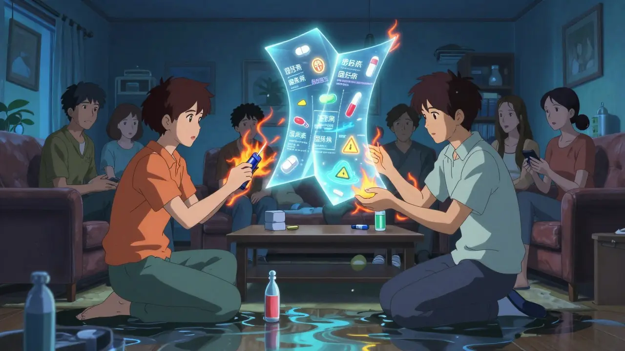 A group practicing Narcan administration, with a floating medication guide unfolding like origami and pulsing energy waves connecting them.