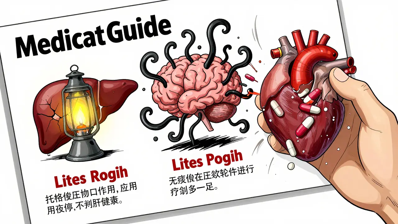 A hand highlighting bold warnings on a Medication Guide, with surreal medical dangers bursting from the page.
