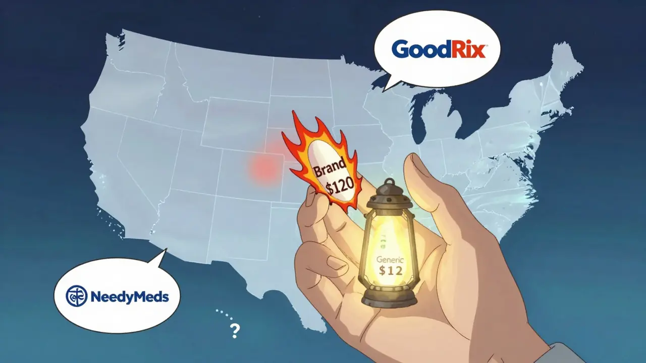 A hand holding two pills—one expensive and burning, one cheap and glowing—with a map of the U.S. and assistance program symbols floating behind.
