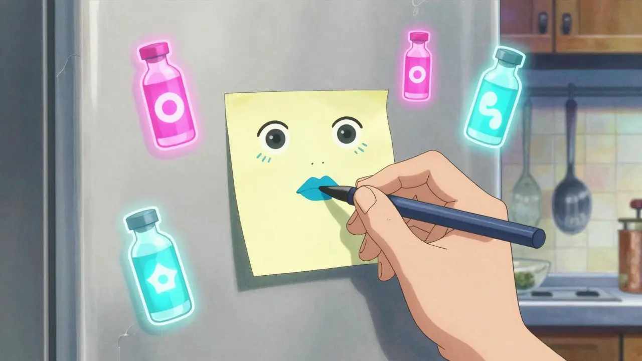 A hand writing emergency notes on a sticky note, with floating glowing symbols of overdose symptoms and antidote vials nearby.