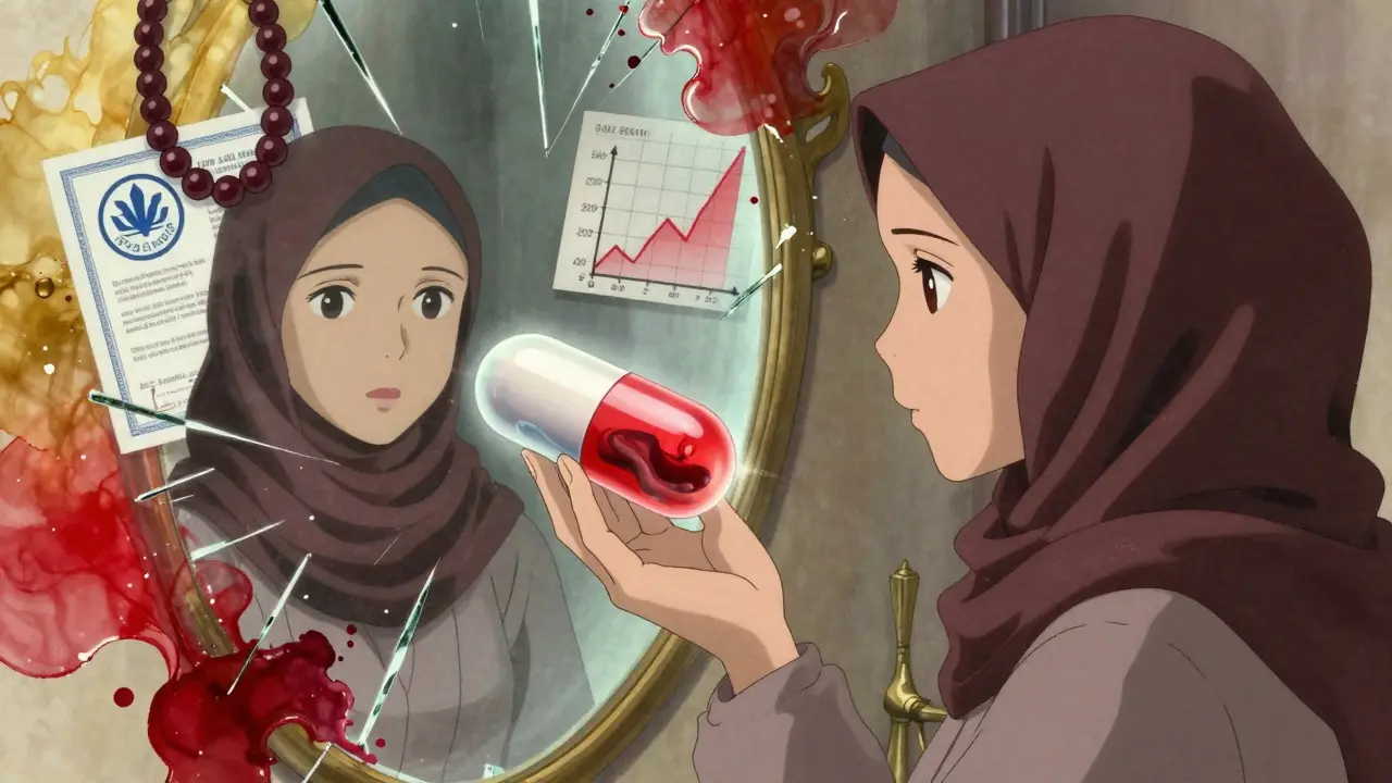 A Muslim woman gazes at an insulin capsule containing a shadowy gelatin substance, with spiritual and medical symbols melting around her.