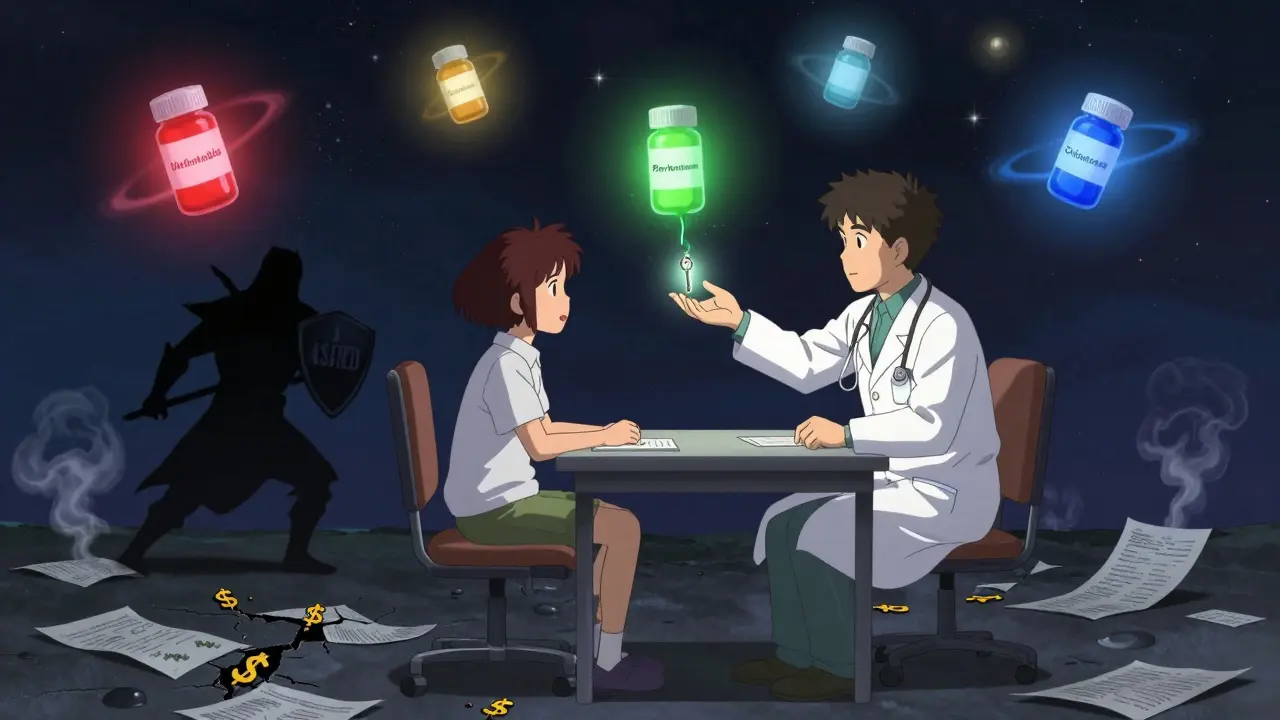 A patient and doctor under a starry sky with floating prescription bottles, one offering a key labeled 'Prior Authorization' as the patient's shadow becomes a warrior.