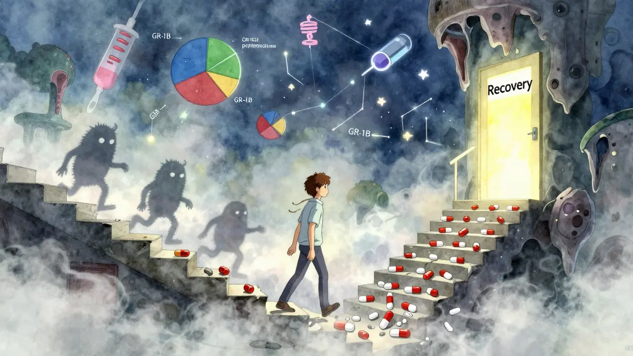 A patient descending a staircase of dissolving steroid pills, with a shrinking insulin monster behind and a glowing recovery door ahead.