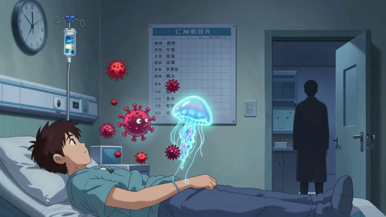 A patient’s blood cells fight CMV viruses in a hospital room, with lab results scrolling on the wall.