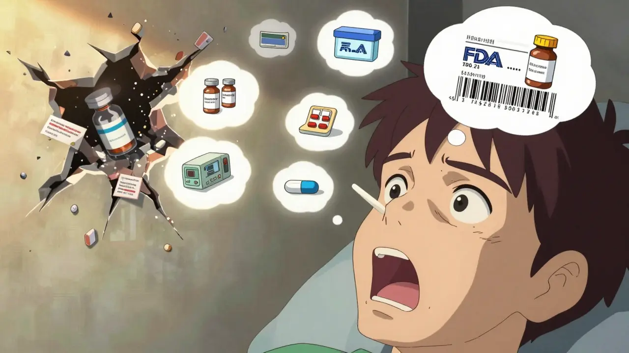 A patient’s face with thought bubbles showing FDA verification icons as fake pharmacies crumble behind them.