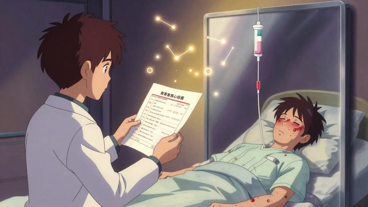 A patient sees their rash spreading in a mirror while a doctor holds a blood test with floating data.