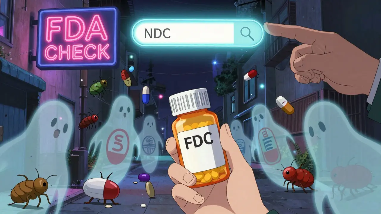A person holds a pill bottle under a neon 'FDA CHECK' sign as ghostly fake drugs crawl across the street.